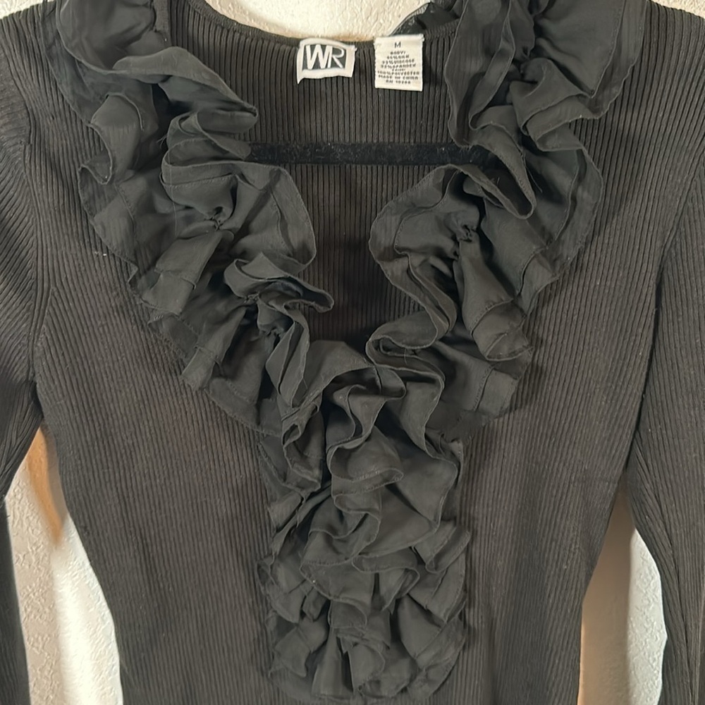 WR Black Ruffle Ribbed Top Zipper Detail Silk Blend Size Medium